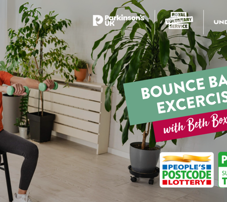 Text reads, " Bounce Back Exercise with Beth Boxall" over a background image of A woman sat on a chair, holding two small green dumbbells out in front of her, wearing a bright orange top and smiling. With a variety of plants in the background.