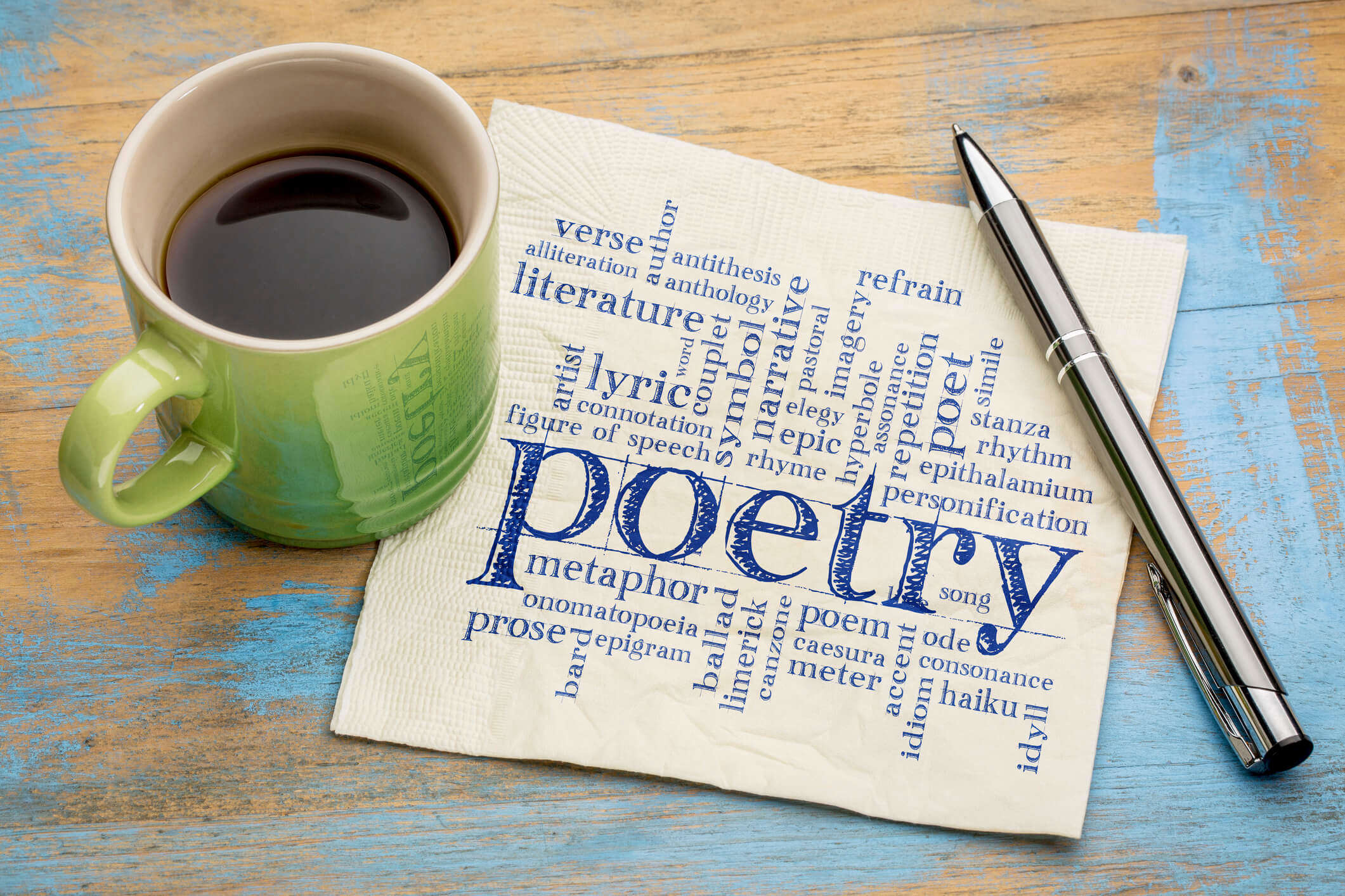 a cup of coffee next a napkin with poetry writing on it