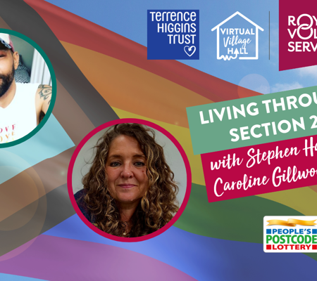 Stephen and Carol, over a backdrop of a rainbow LGBT+ flag, with the text 'Living through Section 28 with Stephen Hart and Caroline Gillwood'