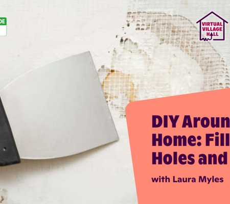 Text reads, "DIY Around The Home Filling Holes And Cracks With Laura Myles" with an image of someone filling a hole in a wall with plaster.
