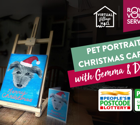 an easel with a portrait of a pet dog wearing a Christmas hat on a blue back ground
