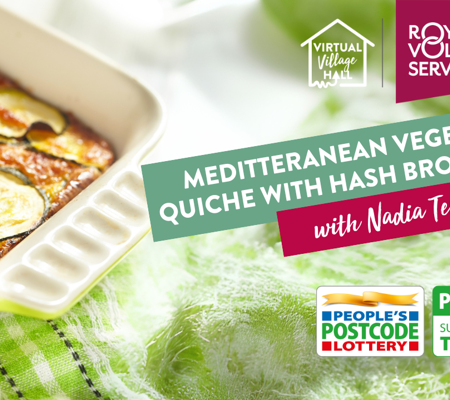 text reads, "Mediterranean vegetable quiche with hashbrown base with Nadia Terry", with background image of quiche on a green towel.