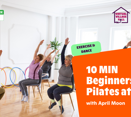 Text reads, "Mindspace Week - 10 MIN Beginners Pilates At Home with April Moon" over an image of women sitting doing a pilates class.