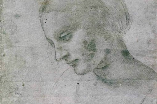 Main Image: A Renaissance artist's sketch of a woman looking down, on white paper with black/grey pencil.