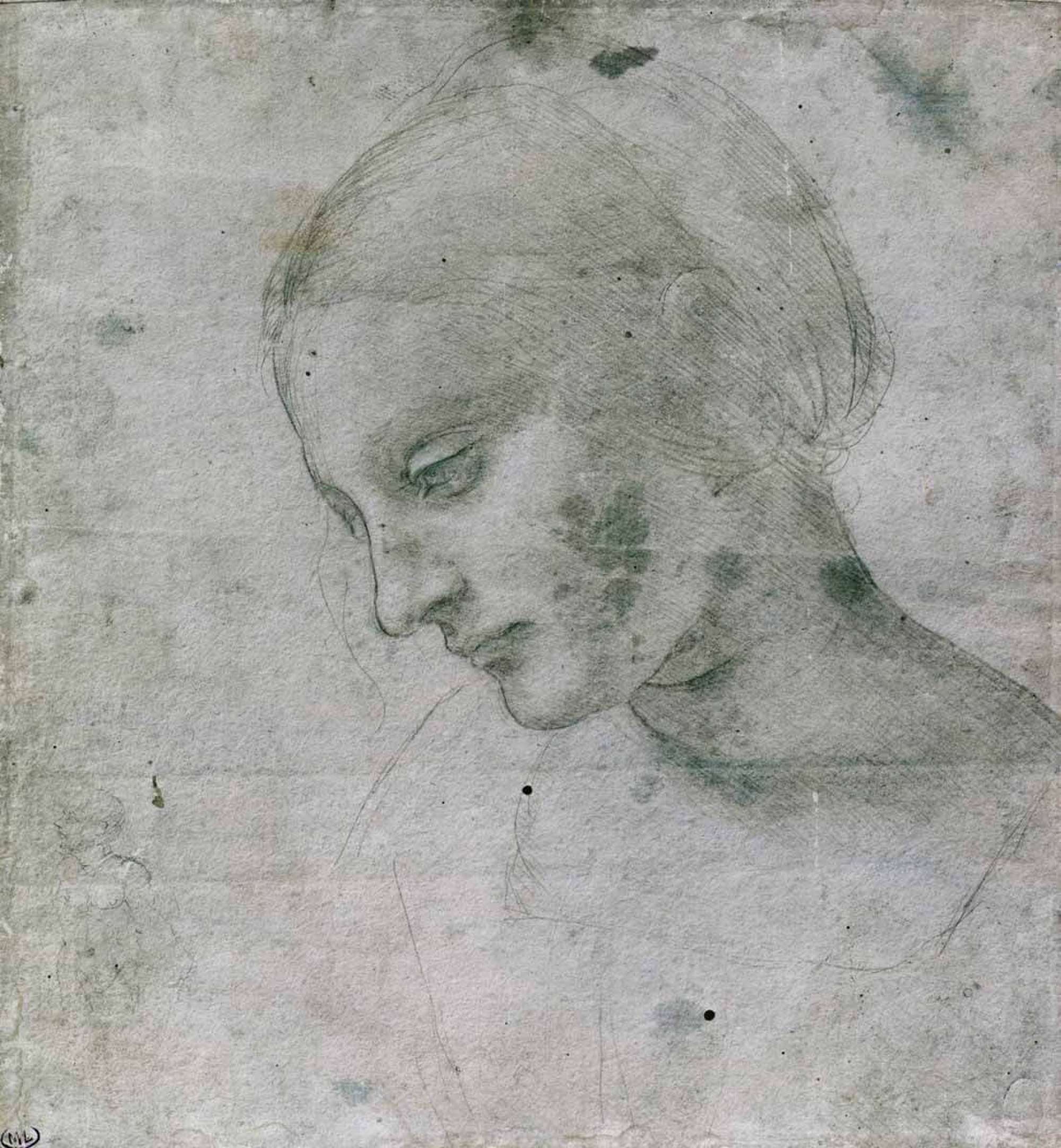 Main Image: A Renaissance artist's sketch of a woman looking down, on white paper with black/grey pencil.