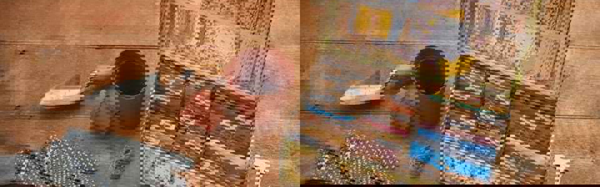 Main image: a decorated seed storage box, covered with different papers and details using decoupage techniques.