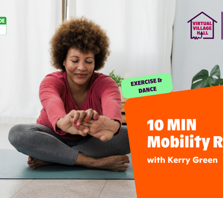 Text reads, "Mindspace Week - 10 MIN Mobility Routine with Kerry Green" over an image of a woman sat in lotus position stretching her arms out.