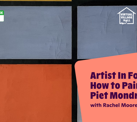 Text reads, "Artist In Focus: How To Paint Like Piet Mondrian with Rachel Moore" over the main image at the top of this page.