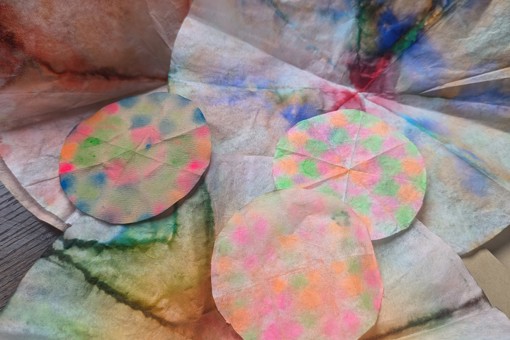 Main Image: Beautiful coffee filter art with multi-coloured tie dye effects.