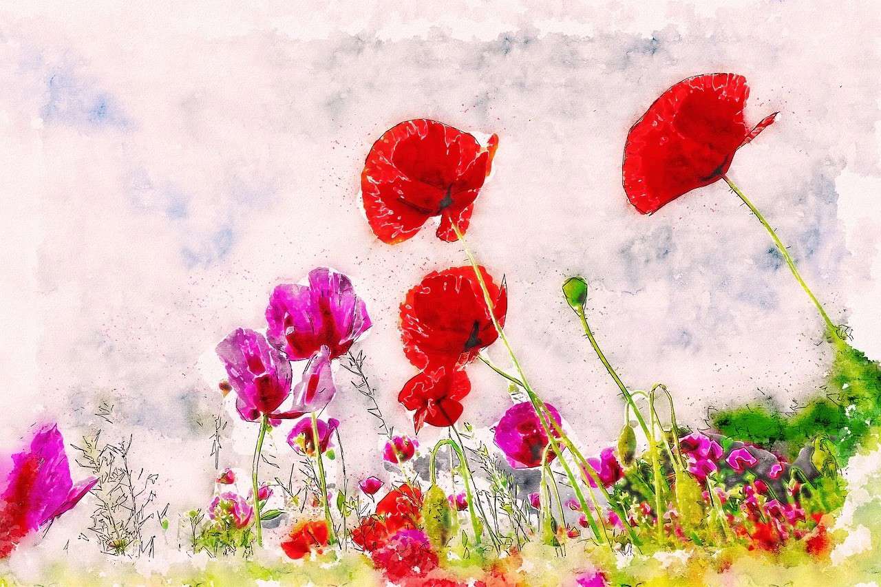 Main Image: a beautiful mixed media poppies painting, with vibrant red and pink flowers and green stems and grass.