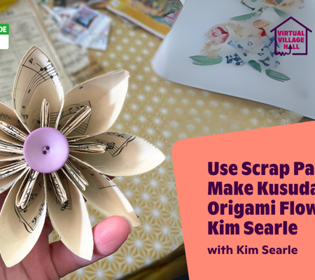 Text reads, "Use Scrap Paper To Make Kusudama Origami Flowers with Kim Searle" over the main image at the top of this page.