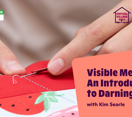 Text reads, "Visible Mending An Introduction To Darning with Kim Searle" over the main image at the top of this page.