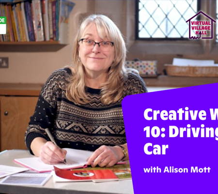 Text reads, "Creative writing 10: Driving in My Car with Alison Mott" Over a photo of Alison sat smiling, writing a book.