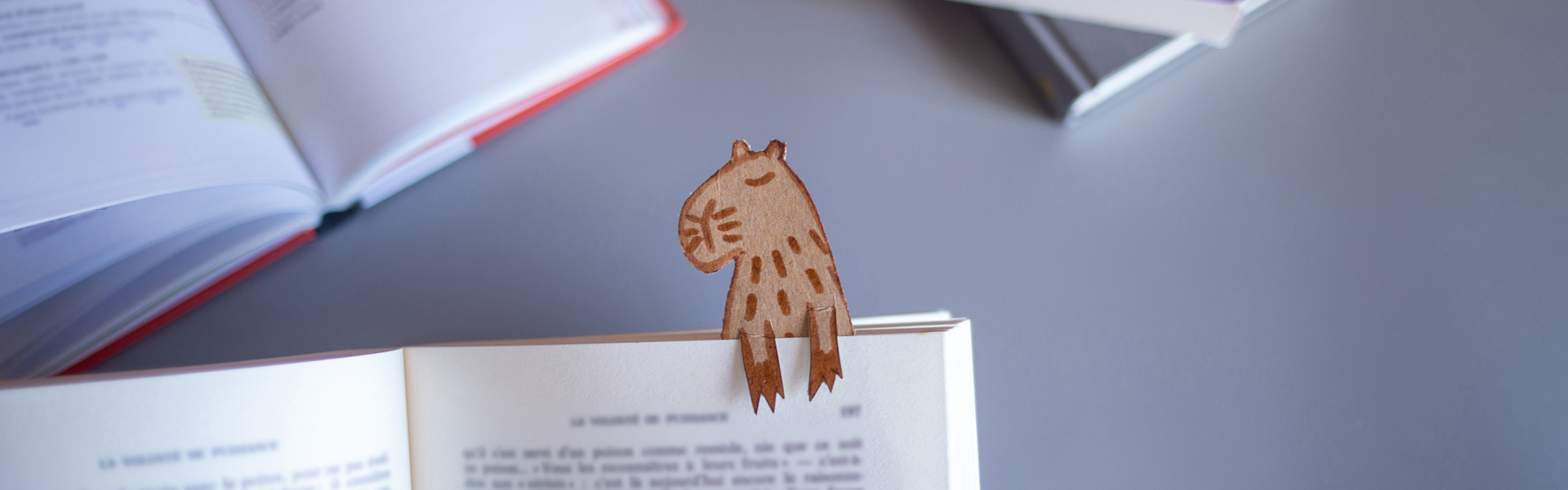 a colourful handmade animal book mark in a book