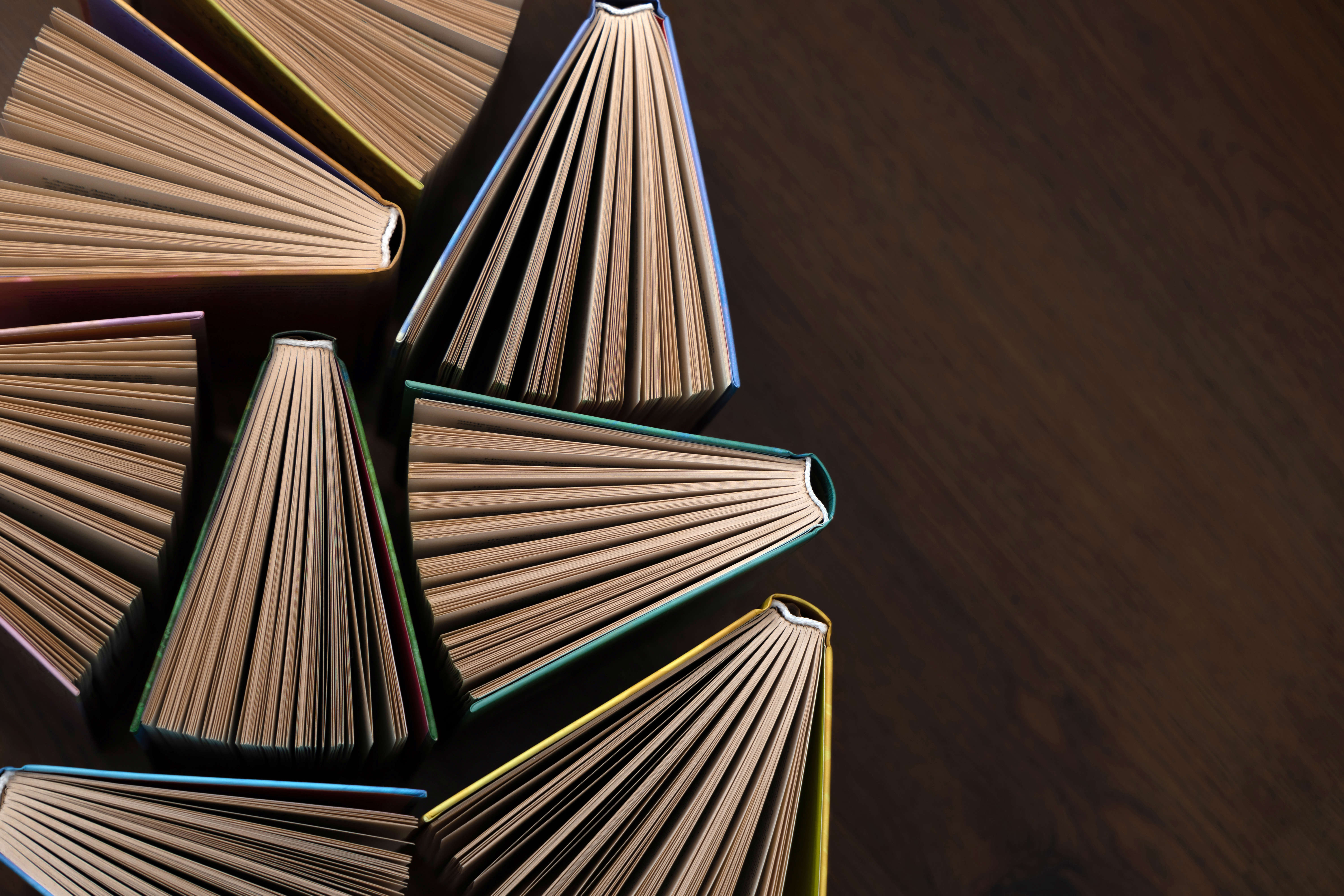 Main image: a view of open books and their pages from above.