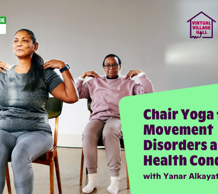 Text reads, "Chair Yoga For Movement Disorders And Health Conditions with Yanar Alkayat" over the main image at the top of this page.