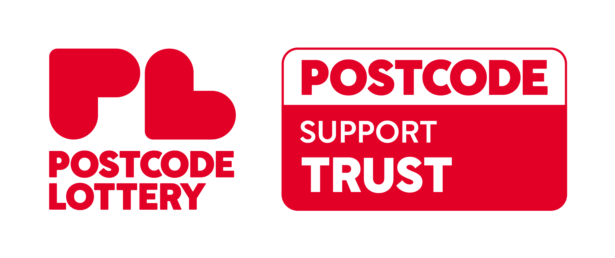 Postcode Lottery Logo, red colour. Reading: Postcode Lottery - Postcode Support Trust.