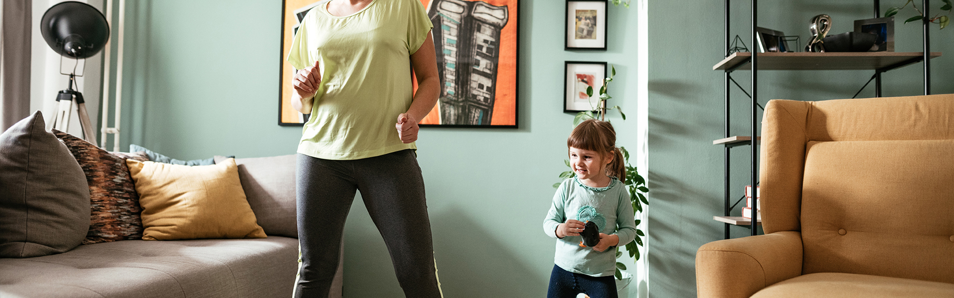 Exercise to music in a front room 