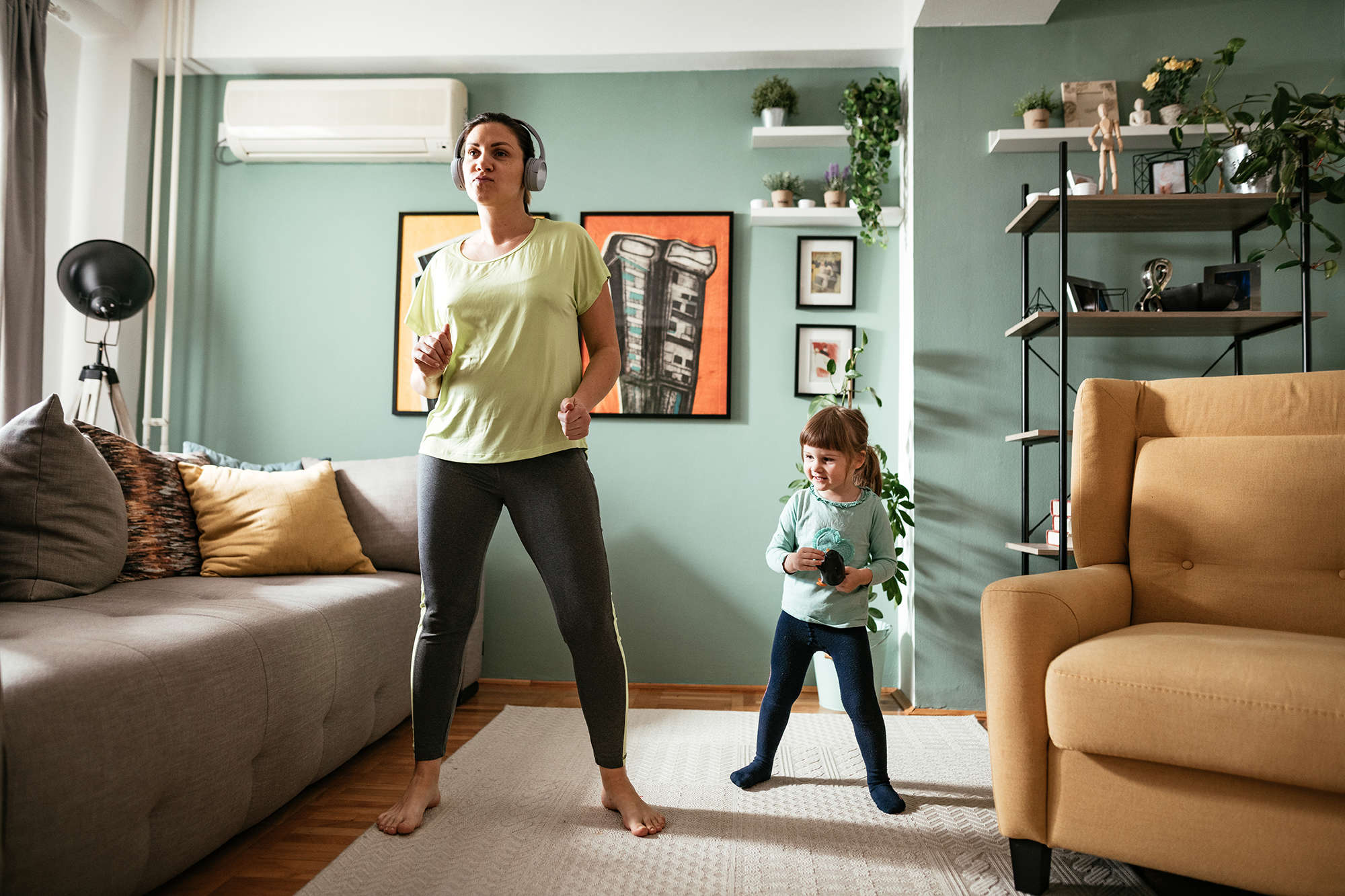 Exercise to music in a front room 