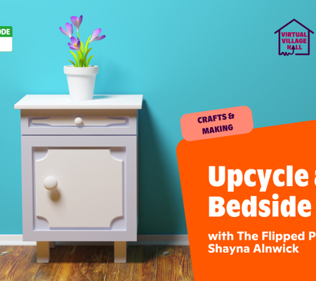 Text reads, "Upcycle a bedside table with the Flipped Piece, Shayna Alnwick" over an image of a white bedside table with flowers on the top, and a blue wall.