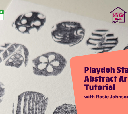 Text reads, "Playdoh Stamp Art: Abstract Art Tutorial with Rosie Johnson" over the main image at the top of this page.