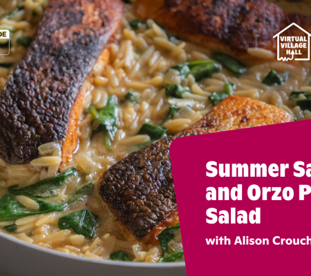 Text reads, "Summer Salmon and Orzo Pesto Salad with Alison Crouch" over the main image at the top of this page.