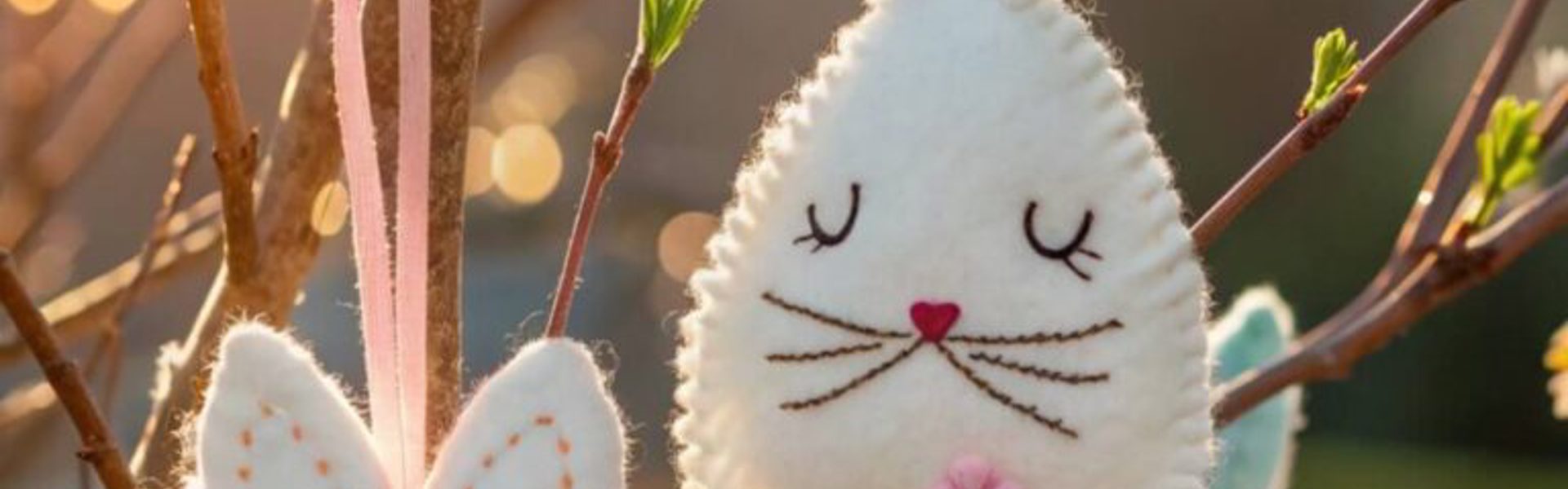 Main image: hanging felt Easter bunnies, easy Easter decorations DIY, in pastel pinks and blues.