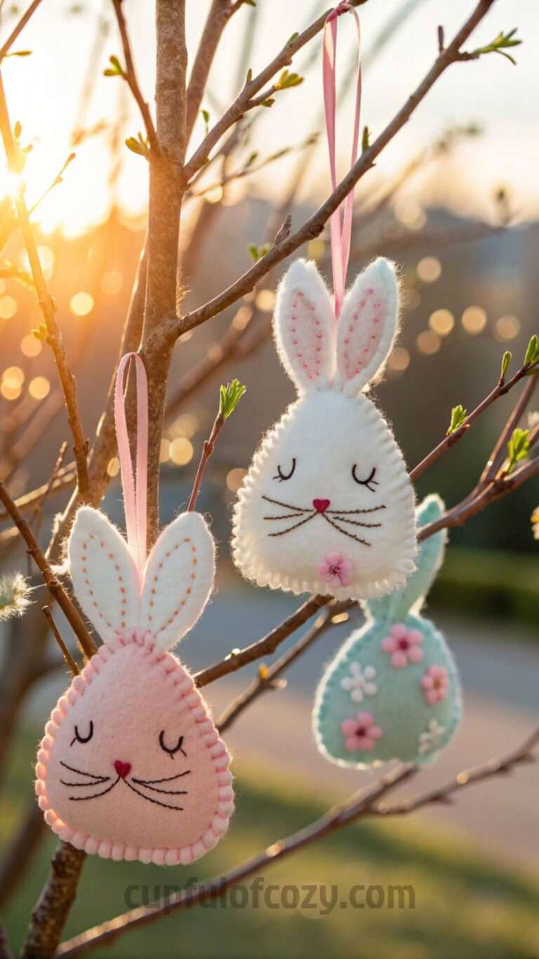 Main image: hanging felt Easter bunnies, easy Easter decorations DIY, in pastel pinks and blues.