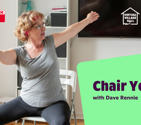 Text reads, "Chair Yoga with Dave Rennie " over the main image at the top of this page.