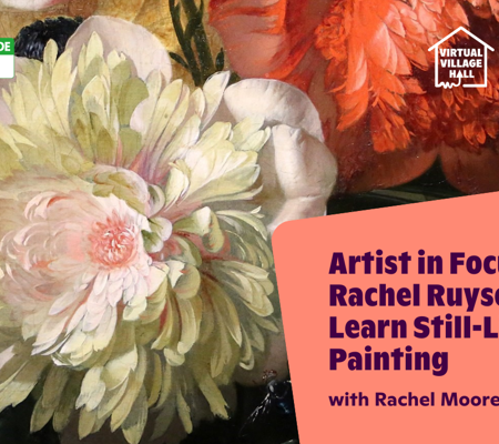 Text reads, "Artist In Focus Rachel Ruysch Learn Still Life Painting with Rachel Moore" over the main image at the top of this page