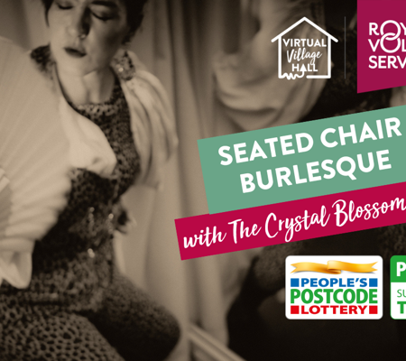 Text reads, "Seated Chair Burlesque with The Crystal Blossom Sisters" Over the background image of a black and white photo of a woman in a leopard print bodysuit practising burlesque poses in the mirror holding a hand fan.
