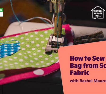 Text reads, "How To Sew A Gift Bag From Scrap Fabric with Rachel Moore" over the main image at the top of this page.