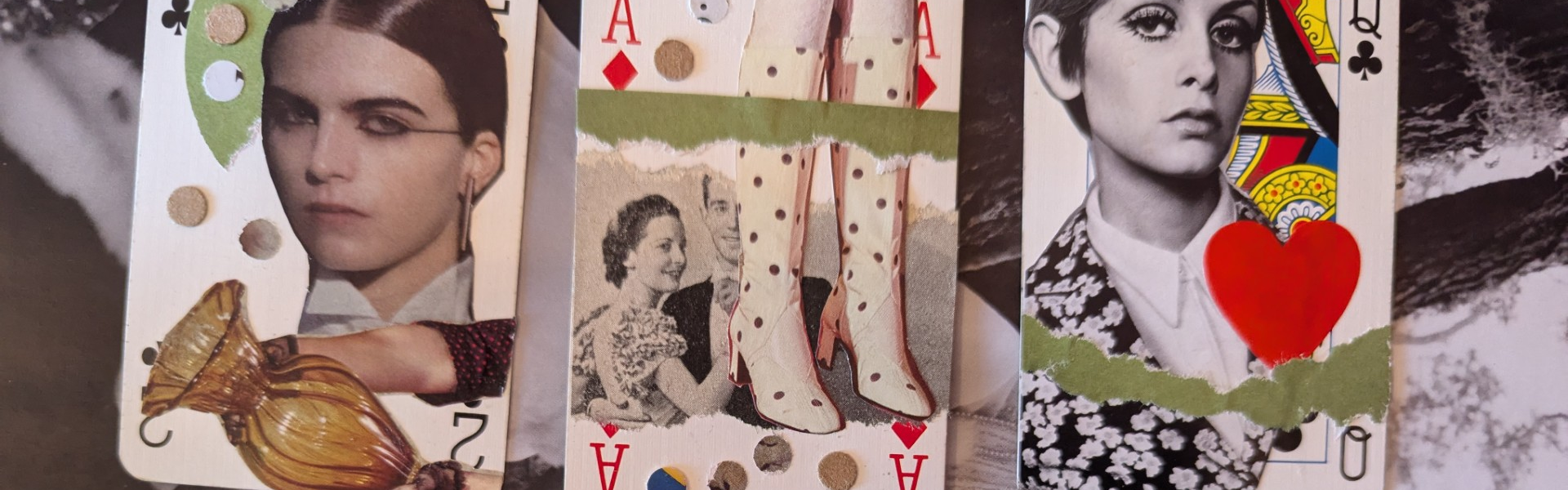 Main image: playing cards collage wall art, made decorated with magazine clippings and coloured paper.