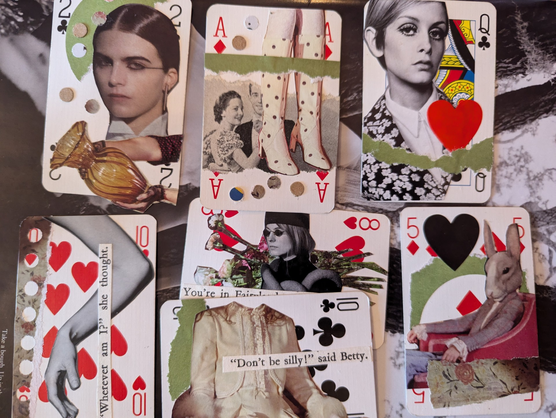 Main image: playing cards collage wall art, made decorated with magazine clippings and coloured paper.