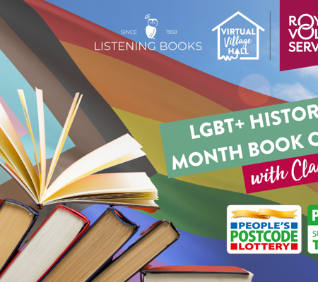 LGBT+ History Month event with Claire Bell, sharing insights and stories during an engaging book chat - on a bright backdrop of LGBT+ rainbow flag