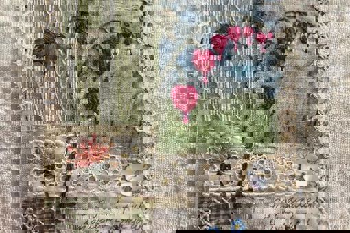 Main image: a vintage fabric collage in pastel greens, blues and light browns, with embroidered flower details in dark pink and green.