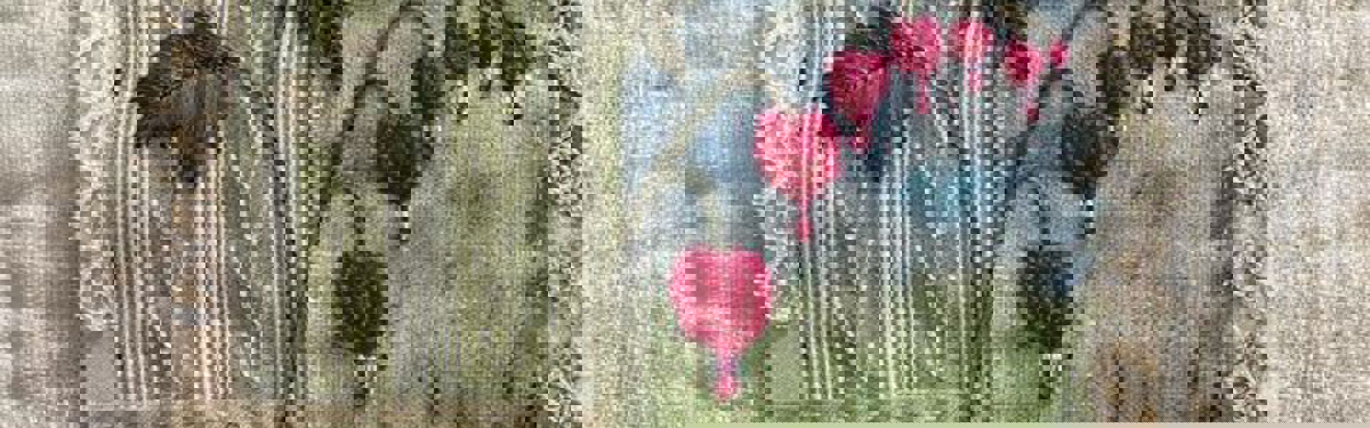 Main image: a vintage fabric collage in pastel greens, blues and light browns, with embroidered flower details in dark pink and green.