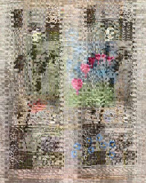 Main image: a vintage fabric collage in pastel greens, blues and light browns, with embroidered flower details in dark pink and green.