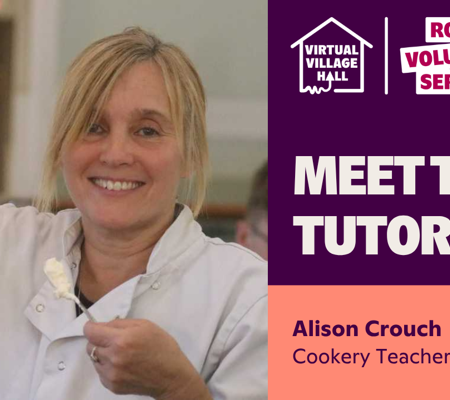TExt reads, "Meet The Tutor, Alison Crouch, Cookery Teacher" over an image of Alison smiling, holding a dessert bowl and spoon.