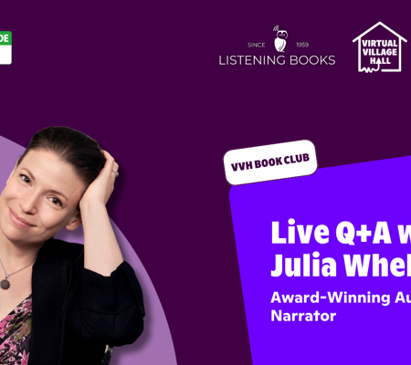 Text reads, "Live Q+A with Julia Whelan, Award-Winning Audiobook Narrator - with Listening Books" over the main image at the top of this page.