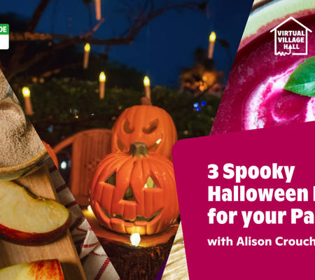 Text reads, "3 Spooky Halloween Recipes For Your Party with Alison Crouch" over the main image at the top of this page.