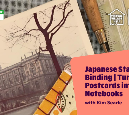 Text reads, "Japanese Stab Binding - Turn Postcards Into Notebooks with Kim Searle" over the main image at the top of this page.