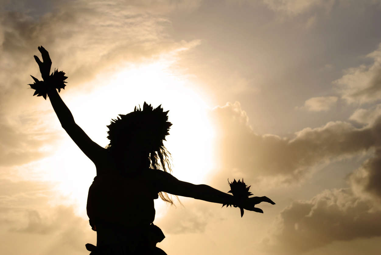 a silhouette of a Hawaiian dancer on a sunset sky