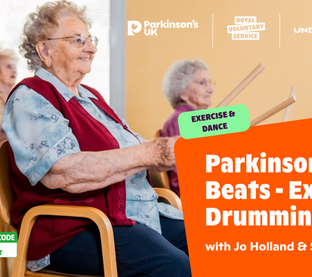 Text reads, "Parkinson's Beats: Exercise Drumming with Jo Holland and Sharon Finlay" over a background image of Older women having fun using Yoga Balls and Drumsticks as part of a Parkinson's Beats - Exercise Drumming class