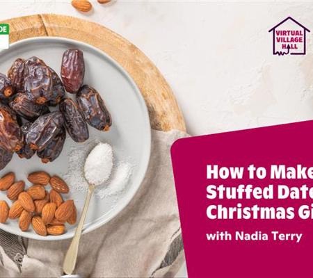 Text reads, "How To Make Almond Stuffed Dates For Christmas Gifts with Nadia Terry" over the main image at the top of this page.