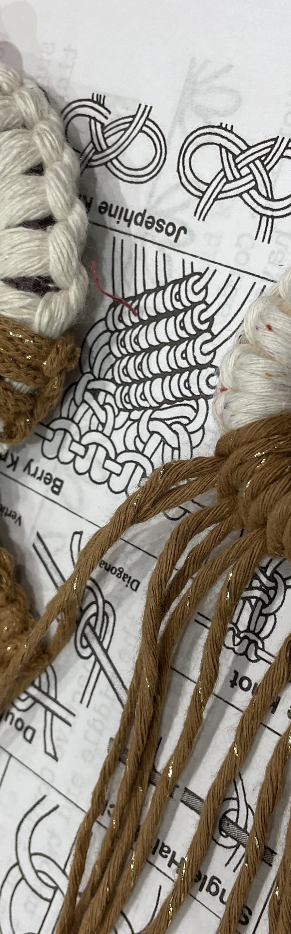 Main image: Macrame wreath reindeer ornament, with brown and white cord, and a red bead nose.