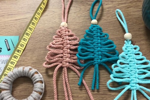 Main image: mini macrame Christmas treed, DIY Christmas Ornaments in pink and blue macrame cord.