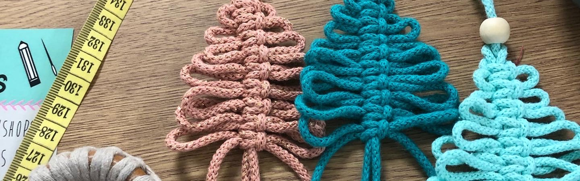 Main image: mini macrame Christmas treed, DIY Christmas Ornaments in pink and blue macrame cord.