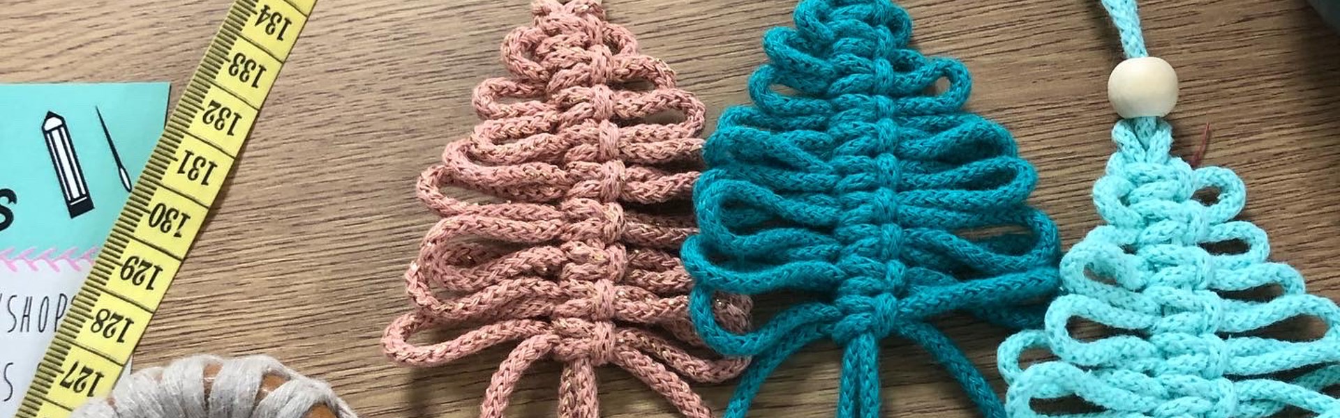 Main image: mini macrame Christmas treed, DIY Christmas Ornaments in pink and blue macrame cord.