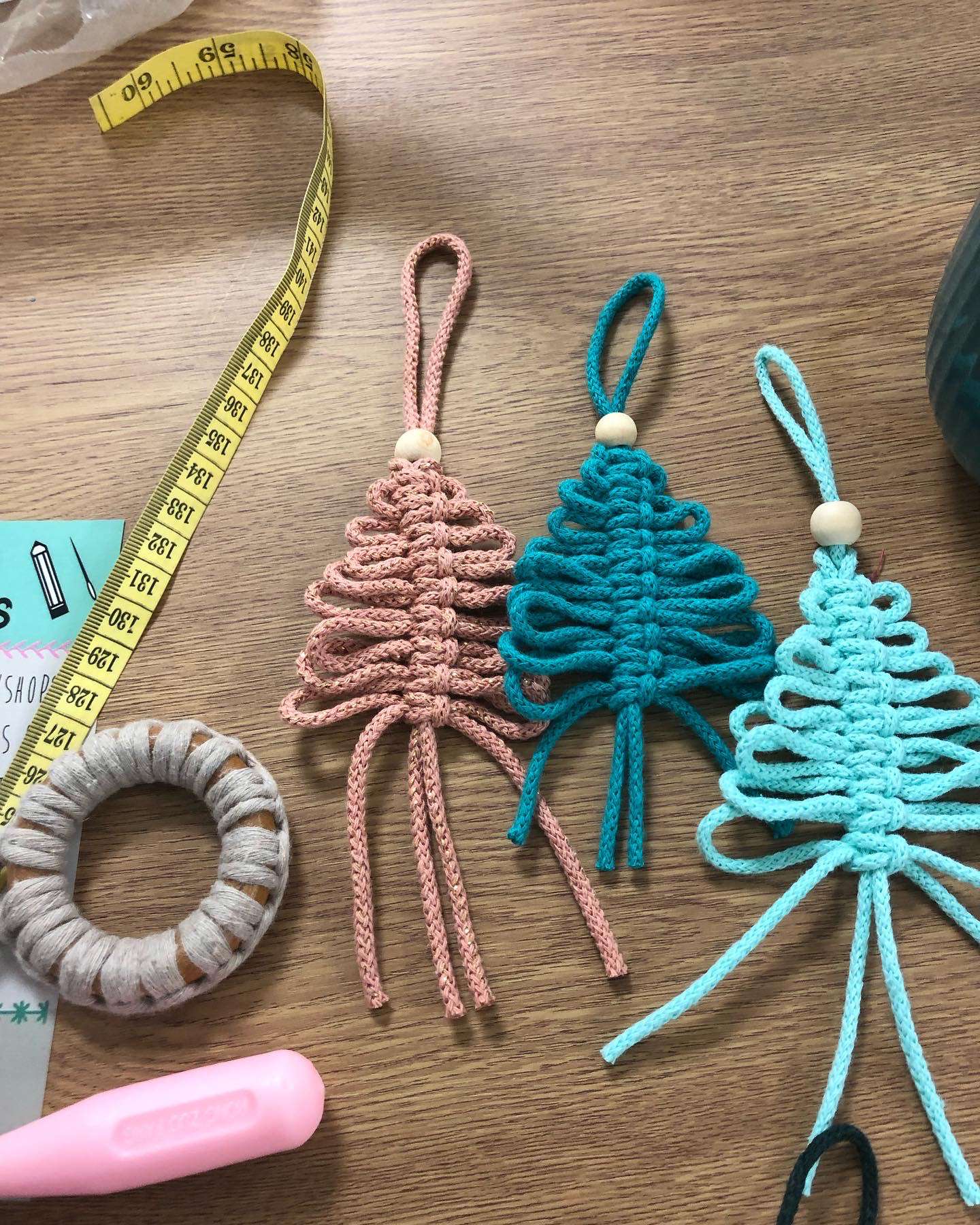 Main image: mini macrame Christmas treed, DIY Christmas Ornaments in pink and blue macrame cord.